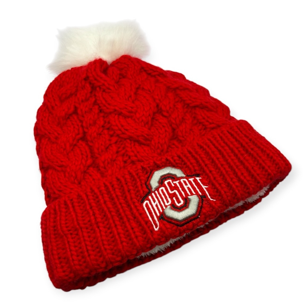 New Era Ohio State Buckeyes Pom Cable Knit Beanie Red OS Fleece Lined Hat